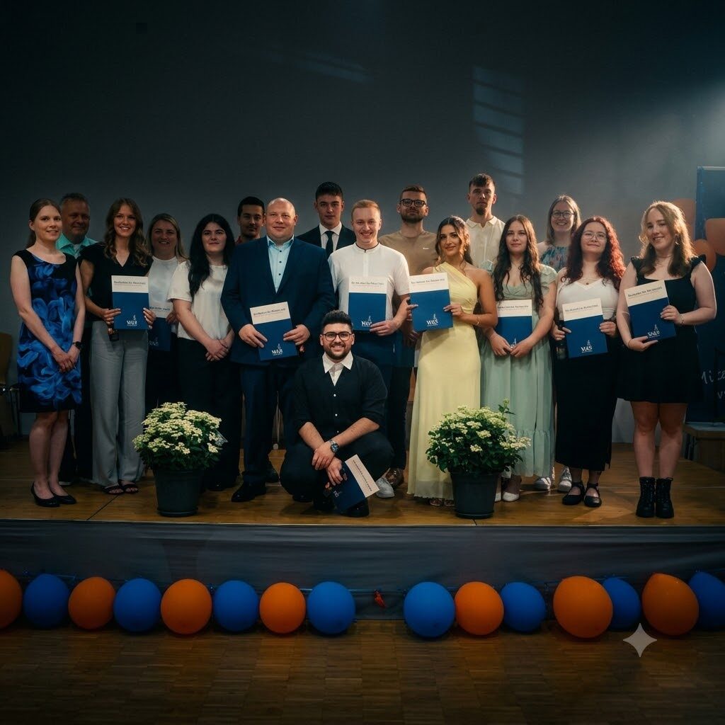 Absolventinnen und Absolventen der Fachschule Wirtschaft mit ihren Urkunden auf der Bühne der WKS; Archivaufnahme aus Juni 2026.