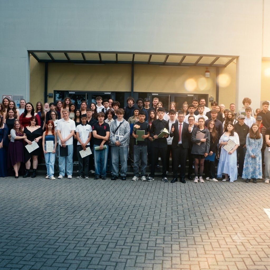 Absolventinnen und Absolventen der Berufsfachschule (BFS) und der Bildungsgänge zur Berufsvorbereitung (BzB) mit Schulleiter Stefan Jeanneaux-Schlapp bei der Verabschiedung an der Wilhelm-Knapp-Schule Weilburg 2026